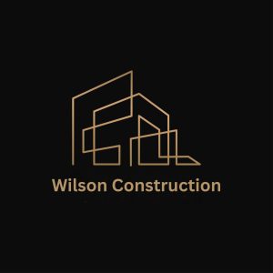 Modern geometric building construction logo with gold architectural line icon and professional typography