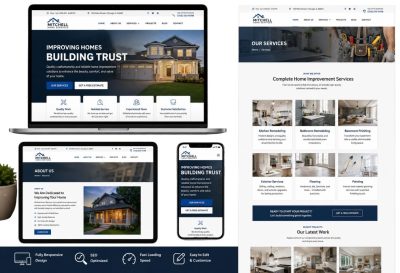Responsive WordPress home improvement website mockup showcasing a modern business website design for desktop, tablet, and mobile devices.