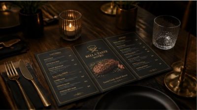Bella Taste Bistro digital restaurant menu displayed on a smartphone and tablet with a black and gold design.